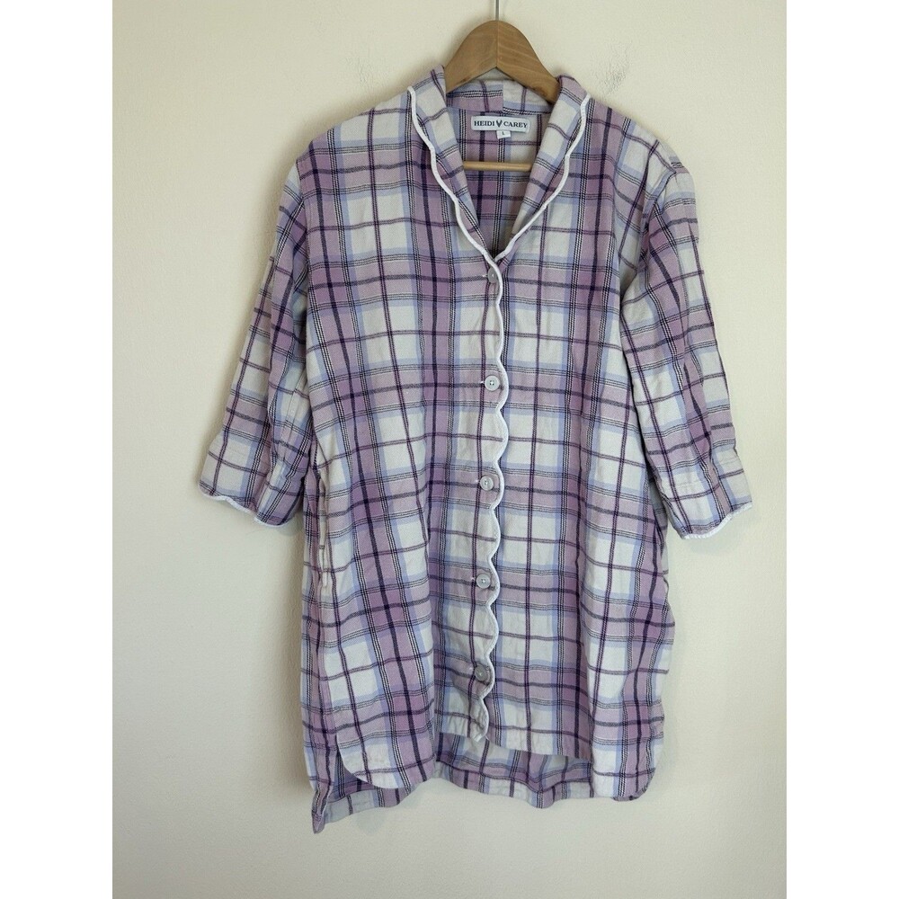 Heidi Carey Plaid Nightshirt Nightdress Button Front L Large Nightgown Scallop